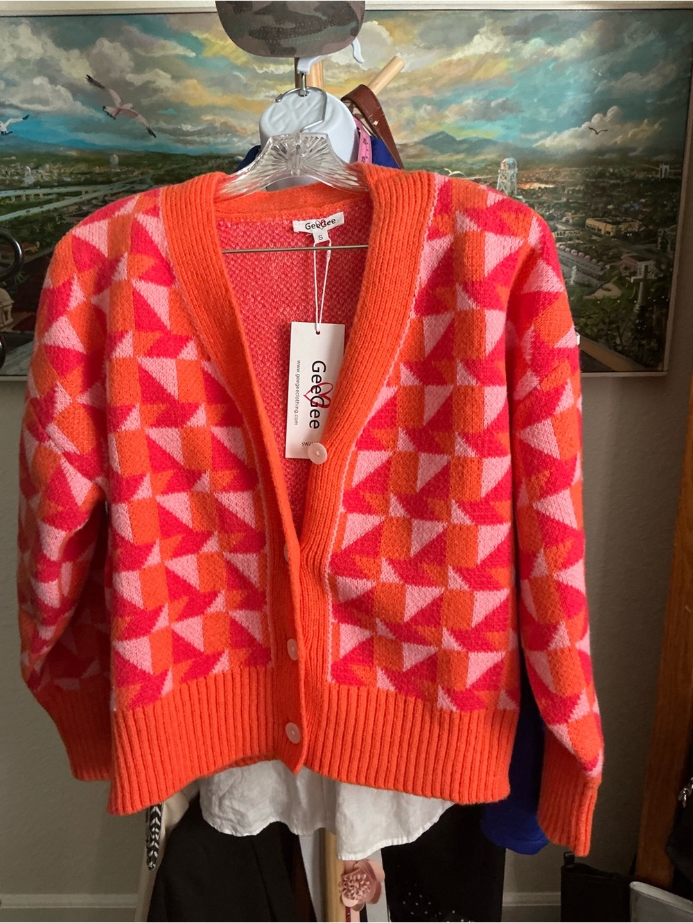 NWT GeeGee Geometric Argyle Cardigan Sweater Orange Pink Button Front Small